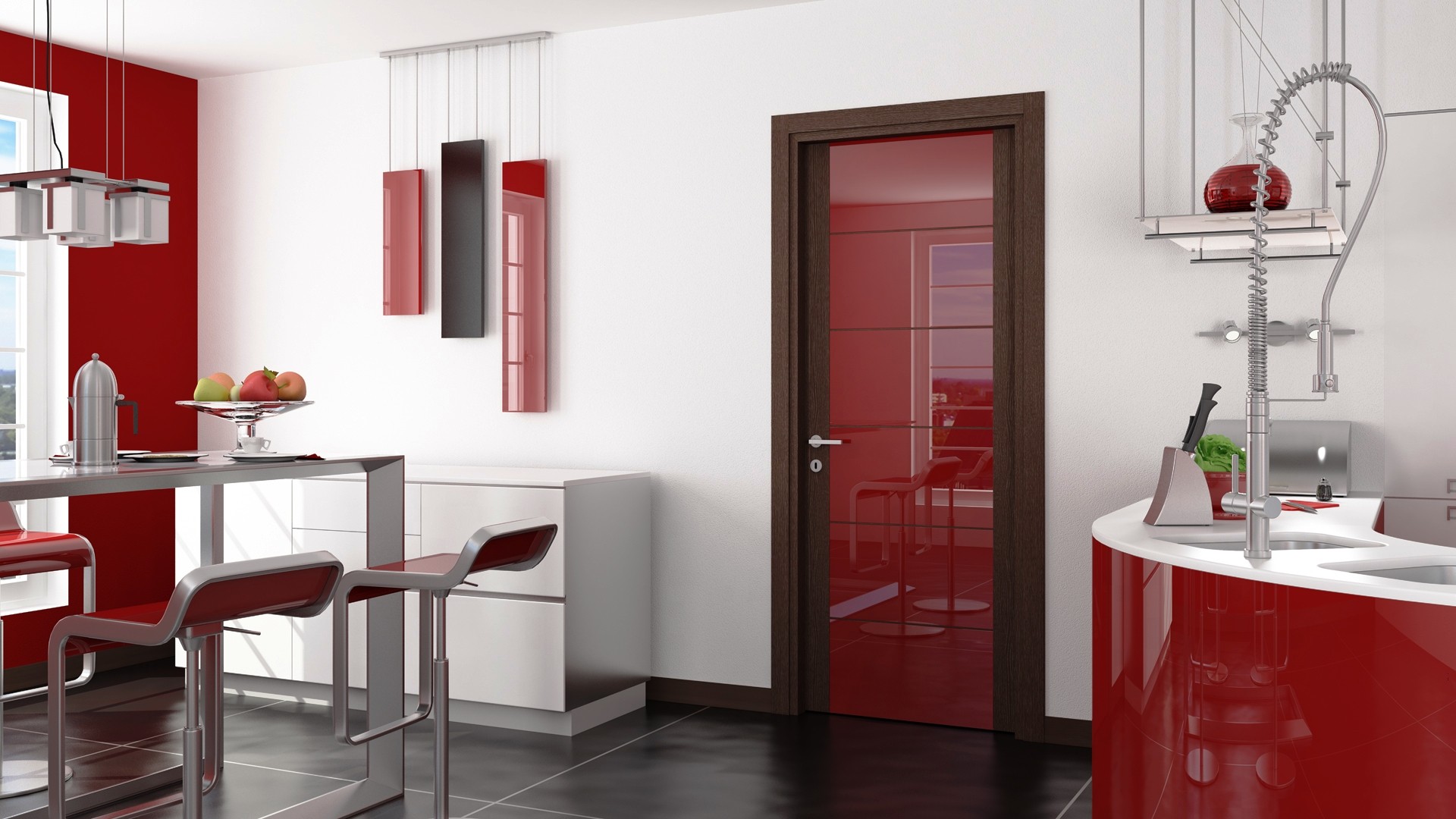 Дверь на кухню со стеклом. Межкомнатные двери на кухню. Красная дверь в интерьере. Модные двери для кухни. Красная межкомнатная дверь.